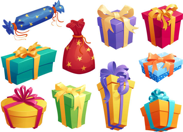 Gift box icon of present packaging with ribbon bow Gift box cartoon icon of presents packaging. Gift box and present bag with ribbon bow for Birthday and Valentine Day surprise, Christmas and New Year holiday celebration design birthday present stock illustrations