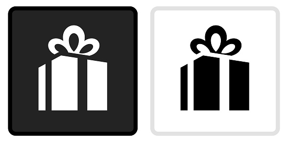 Gift Box Icon on  Black Button with White Rollover. This vector icon has two  variations. The first one on the left is dark gray with a black border and the second button on the right is white with a light gray border. The buttons are identical in size and will work perfectly as a roll-over combination.