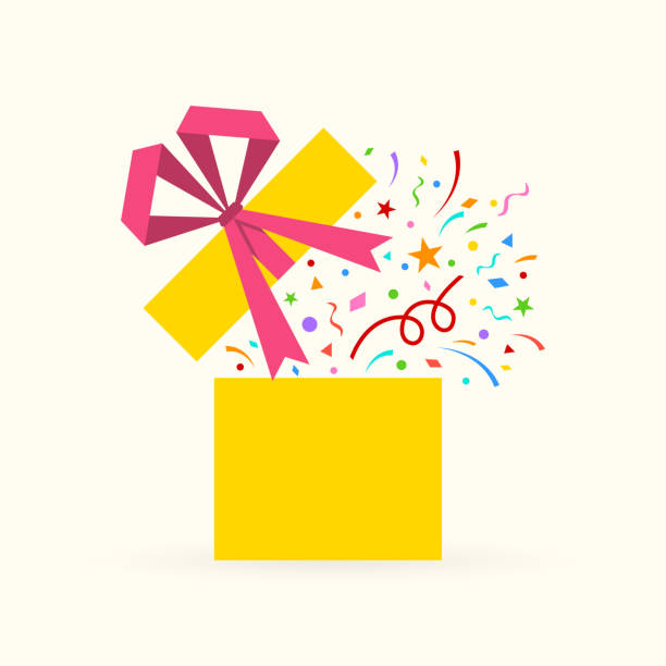 Gift box icon with confetti. Surprise package with ribbon and bow. Present box for Christmas or Birthday celebration. Party, greeting card design element. Vector illustration. Gift box icon with confetti. Surprise package with ribbon and bow. Present box for Christmas or Birthday celebration. Party, greeting card design element. Vector illustration. incentive illustrations stock illustrations