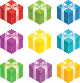 Nine different coloured gift boxes