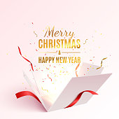 Gift box with red ribbon and bow. Merry Christmas and Happy New Year banner. Vector 3d illustration. Christmas decoration