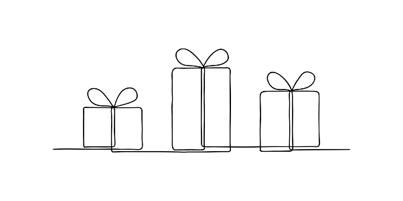Gift box with ribbon and bow.
Present for Christmas, birthday and other holidays. Vector illustration. Continuous one line drawing. Line Art. Minimalism.