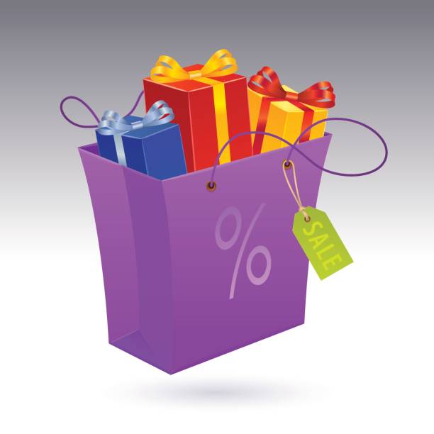 Gift Boxes in Shopping Bag with tag vector art illustration