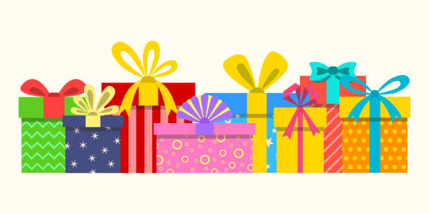 Gift boxes pile for Christmas or Birthday in flat design. Stacked  present boxes with ribbon and bow. Holiday, surprise, greeting card, shopping, wedding decoration elements. Vector illustration.  birthday present stock illustrations
