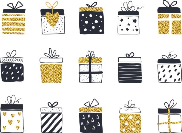 Gift boxes set Gift boxes set, hand drawn Scandinavian style. Gold and black color, vector illustration gift drawings stock illustrations