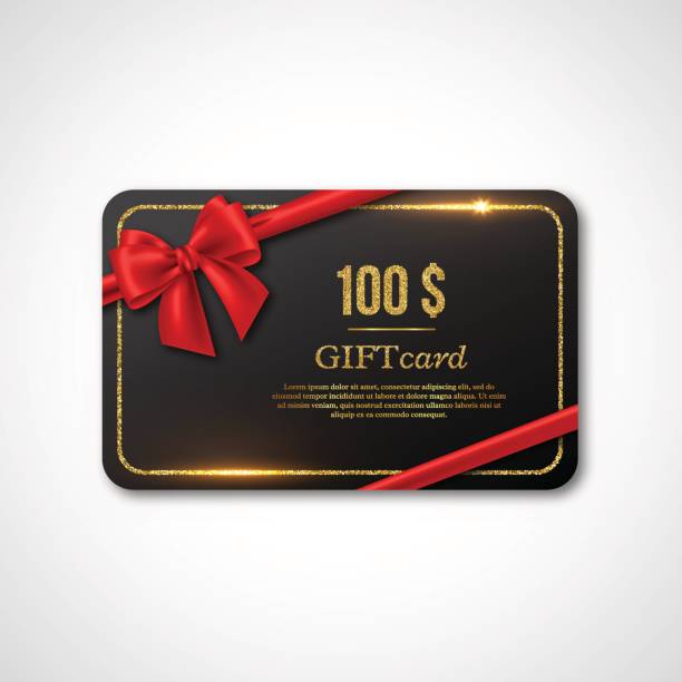 Gift card design. Gift card design with realistic red bow and golden glitter frame. 100 $ voucher, certificate for shopping. Vector illustration. american one hundred dollar bill stock illustrations
