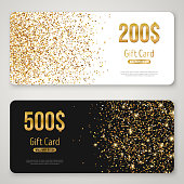 Gift Card Design with Gold Glitter Texture. Invitation Decorative Card Template, Voucher Design, Holiday Invitation. Glowing New Year or Christmas Backdrop. Certificate for Shopping.