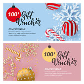 Gift card, voucher, certificate or coupon vector design template. Discount banner layout for Christmas and New Year holidays sale. Illustration of gold metal Christmas tree, shiny snowflakes and balls