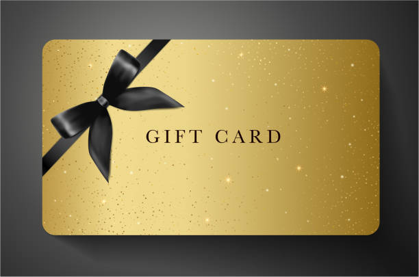 Gift card with twinkling stars, sparkling elements and back bow (ribbon) on gold background Golden template useful for any design, shopping card (loyalty card), voucher or gift coupon tickets and vouchers templates stock illustrations