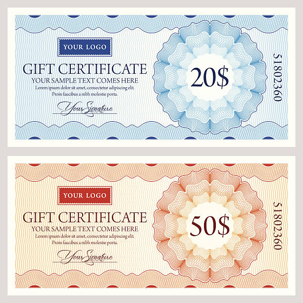 Gift certificate template in two colors A design template for a gift certificate, coupon or voucher. with plenty of copy space for your firm's logo and other texts. Includes intricate and precise Guilloche security patterns. tickets and vouchers templates stock illustrations