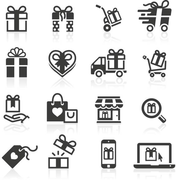 Gift Giving and Shopping Icons Gift giving and receiving, gift delivery, gift shopping online and off, gift bags, gift boxes, gift wrapping and more. gift symbols stock illustrations