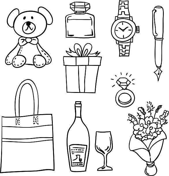 Gift item in black and white Gift item in sketch style, black and white happy birthday wine bottle stock illustrations
