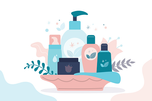 Gift set of organic cosmetics for women. Various bottles, tubes and jars for skincare. Female cosmetics: gels, lotions and creams for body care. Concept of natural products. Flat vector illustration