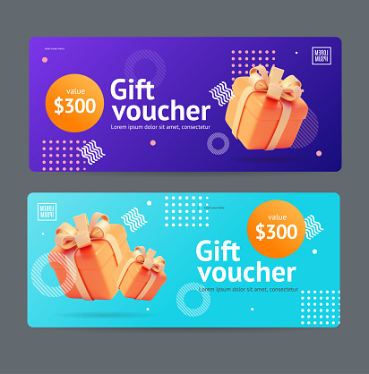 Gift Voucher Coupon Set with Realistic Detailed 3d Elements Include of Present Box . Vector illustration of Template Monetary Value Vouchers Coupons