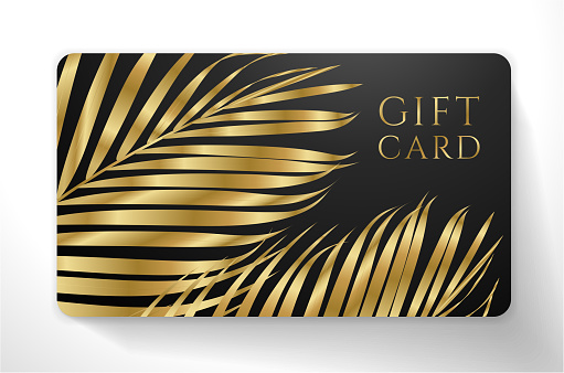 Gift Voucher/ Gift certificate with exotic gold luxe palm branch isolated on black background