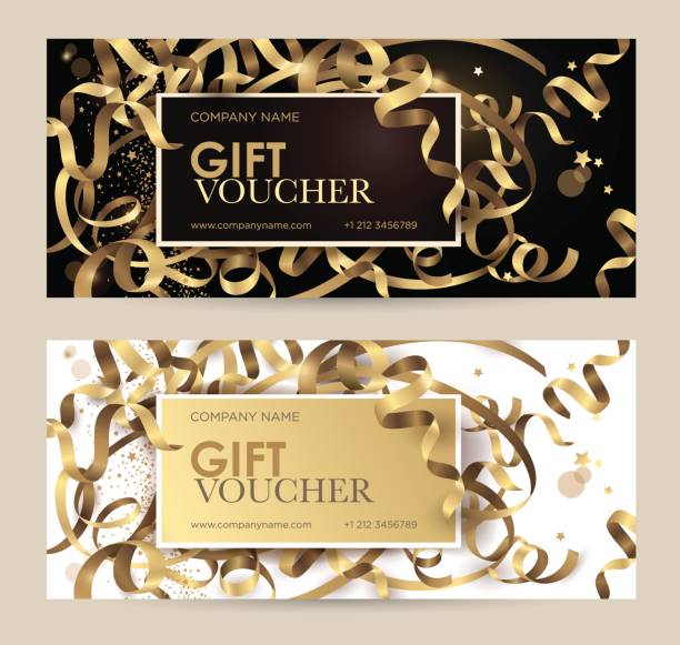 ilustrações de stock, clip art, desenhos animados e ícones de gift voucher with gold ribbons, serpentine and glitter. christmas gift certificate. - happy birthday celebrity