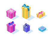 Isometric gift boxes icons collection. Flat isometric vector illustration isolated on white background.