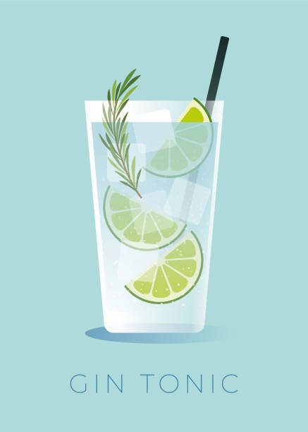 Gin and Tonic cocktail with lime wedge. A simple cocktail made with gin and tonic water poured over ice, then garnished with a lime wheel. Stock illustration cocktail stock illustrations