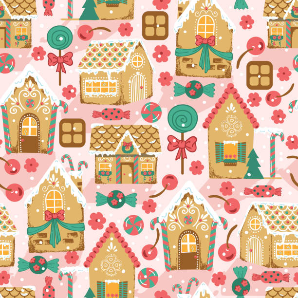 Ginger Bread Houses Vector Seamless Pattern A vector pattern design of ginger bread houses. gingerbread house stock illustrations