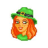 Ginger freckled leprechaun girl in a green hat portrait, pixel art Saint Patrick's Day character avatar isolated on white background. 8 bit old school vintage retro slot machine/video game graphics.