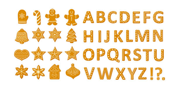 Gingerbread  Christmas cookies set with stars snowflakes Christmas tree and ginger man and alphabet Gingerbread  Christmas cookies set with stars snowflakes Christmas tree and ginger man and alphabet vector illustration in a cartoon flat style isolated on white background. gingerbread house stock illustrations