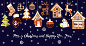 Gingerbread cookies background with an editable blank space in the middle. Christmas greeting card template. Vector illustration.