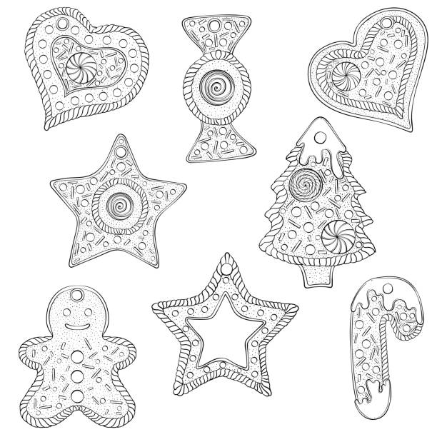 Gingerbread cookies set Gingerbread cookies set. Cookies of various shapes. Christmas gingerbread. Vector illustration in hand draw style isolated on white background. Design for coloring book page, card, poster, print. gingerbread man coloring page stock illustrations