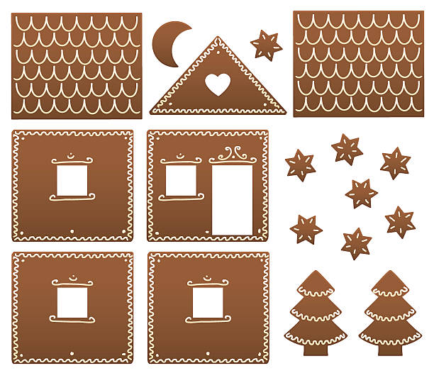 Gingerbread House Model Template Gingerbread house components in order to be build up. Isolated vector illustration on white background. gingerbread house stock illustrations