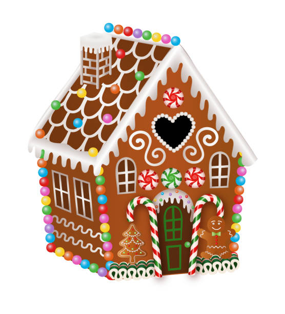 gingerbread house with christmas candies, gingerbread man and gingerbread tree gingerbread house with christmas candies, gingerbread man and gingerbread tree vector gingerbread house stock illustrations