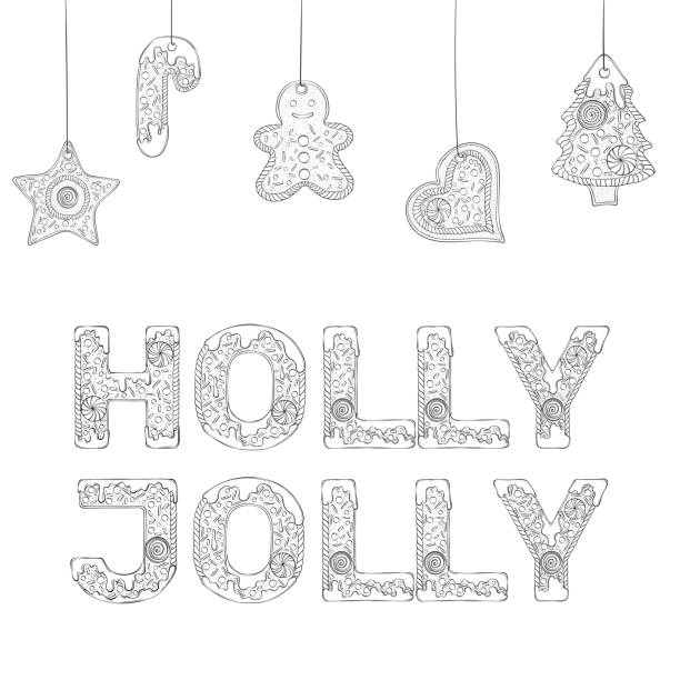 gingerbread lettering holly jolly Holly Jolly text composed of gingerbread cookies. Christmas lettering. Vector illustration in hand draw style isolated on white background. Design for coloring book page, card, poster, print. gingerbread man coloring page stock illustrations