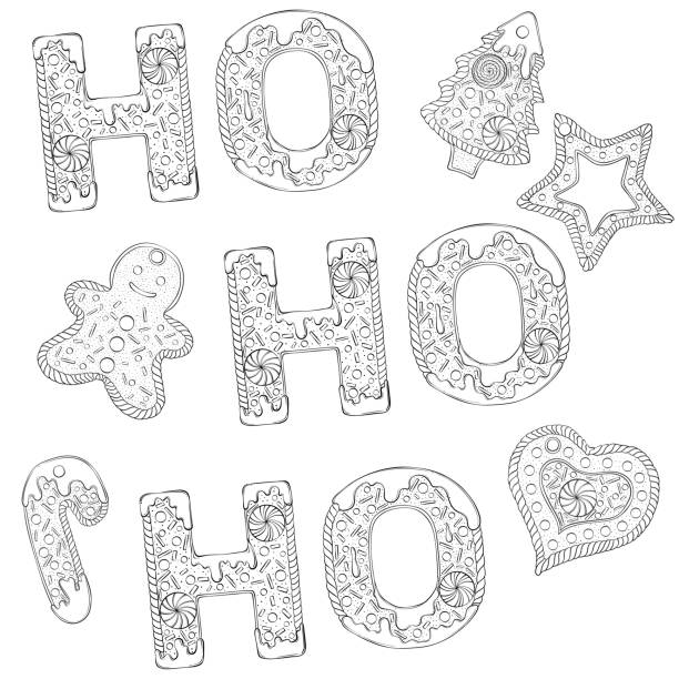 gingerbread lettering i've got i Ho ho ho text composed of gingerbread cookies. Christmas lettering. Vector illustration in hand draw style isolated on white background. Design for coloring book page, invitation card, poster, print. gingerbread man coloring page stock illustrations