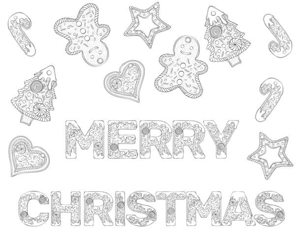 Gingerbread lettering Merry Christmas Merry Christmas text composed of gingerbread cookies. Christmas lettering. Vector illustration in hand draw style isolated on white background. Design for coloring book page, card, poster, print. gingerbread man coloring page stock illustrations