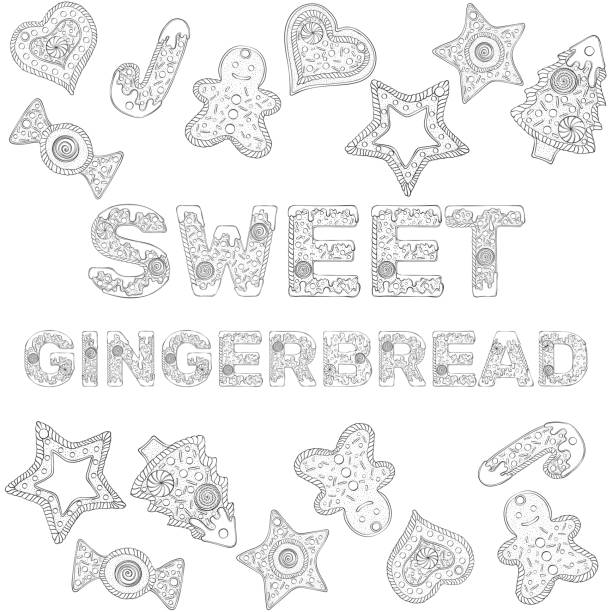Gingerbread lettering sweet gingerbread Sweet gingerbread text composed of gingerbread cookies. Christmas lettering. Vector illustration in hand draw style isolated on white background. Design for coloring book page, card, poster, print. gingerbread man coloring page stock illustrations