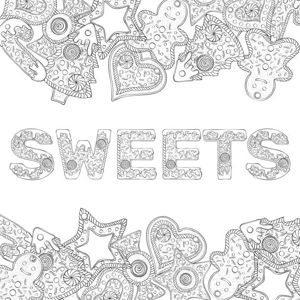 Gingerbread lettering sweets frame Sweets text composed of gingerbread cookies. Christmas lettering. Vector illustration in hand draw style isolated on white background. Design for coloring book page, invitation card, poster, print. gingerbread man coloring page stock illustrations