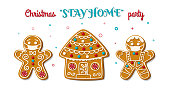 Gingerbread man and woman in face mask on stay home party. Christmas homemade cookies. The symbol is new normal. Vector illustration..