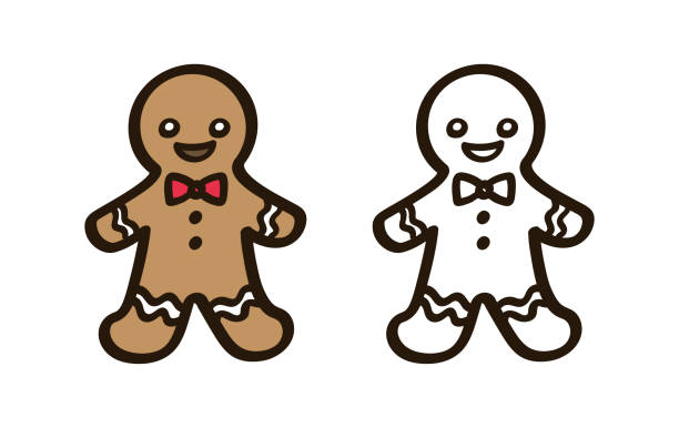 Gingerbread man with bow tie doodle colored and outline clipart set Gingerbread man with bow tie doodle colored and outline clipart set gingerbread man coloring page stock illustrations