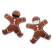 Gingerbread men in medical masks isolated on white background as concept of pandemic for christmas. Flat vector stock illustration with gingerbread cookies in face masks