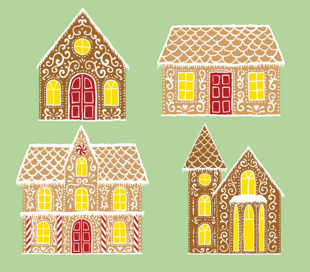 gingerbread set Christmas gingerbread set with gingerbread houses on green background gingerbread house stock illustrations