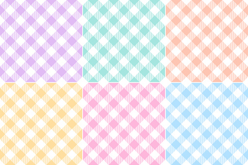 Gingham check pattern for Easter in pastel colorful lilac, blue, green, orange, pink, yellow. Seamless diagonal rainbow vichy set for tablecloth, picnic blanket, gift paper, other spring summer print.
