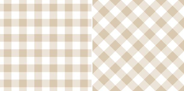 Gingham pattern in light beige and white. Seamless flat vichy design for spring summer shirt, skirt, dress, trousers, picnic blanket, oilcloth, tablecloth, other modern cotton fashion textile print. Gingham pattern in light beige and white. Seamless flat vichy design for spring summer shirt, skirt, dress, trousers, picnic blanket, oilcloth, tablecloth, other modern cotton fashion textile print. spring fashion stock illustrations