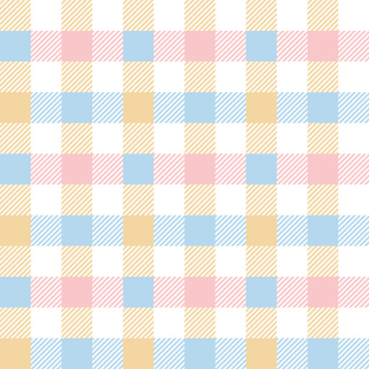 Gingham pattern spring in pastel blue, pink, yellow, white. Decorative seamless multicolored art background for gift wrapping paper, tablecloth, bag, other modern Easter fashion textile design.