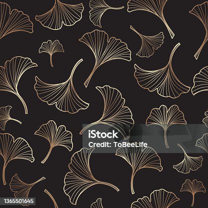 istock Ginkgo leaves doodle seamless pattern on dark black ground for decoration on natural garden and oriental art. 1365501645