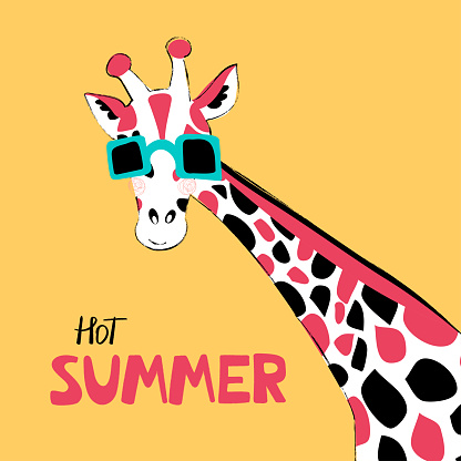 Giraffe flat hand drawn vector characters. Cute african animal cartoon character. Bright poster with a giraffe in glasses with lettering. Kid book, t-shirt, travel postcard design. Vector
