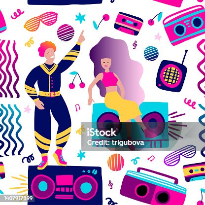 istock Girl and boy 80s disco seamless party pattern. 1407917899