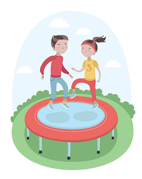 Girl And Boy Are Jumping On The Trampoline Vector colorful illustration of little girl and boy are jumping on the trampoline on the meadow clip art of kid jumping on trampoline stock illustrations