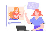 Girl at a therapy with a psychologist online. Internet talkspace concept. Consultation with a specialist in mental illness and life problems. Character with laptop. Vector flat illustration.