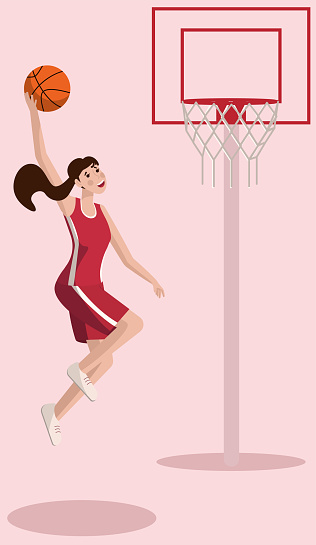 Girl basketball player in a jump throws the ball into the basket. Vector illustration