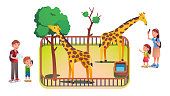 Girl, boy kids and parents taking photos in zoo. Families with children characters enjoying nature visiting zoo watching giraffes animals eating tree leaves in enclosure. Parenting flat style vector isolated illustration