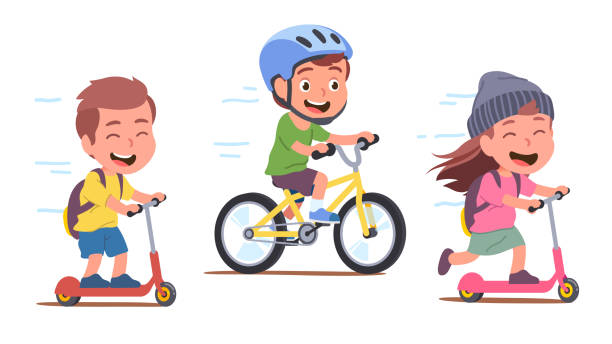 mädchen, jungen kinder radfahrer genießen fahrrad fahren und kick scooter. glückliche kinder reiter zeichentrickfiguren spaßigen. sport, transport unterhaltung. flache vektor isolierte illustration - tretroller stock-grafiken, -clipart, -cartoons und -symbole