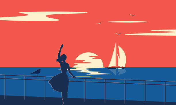 Girl by sea Evening seascape with sailboat. Girl by the sea at sunset. cruise vacation stock illustrations